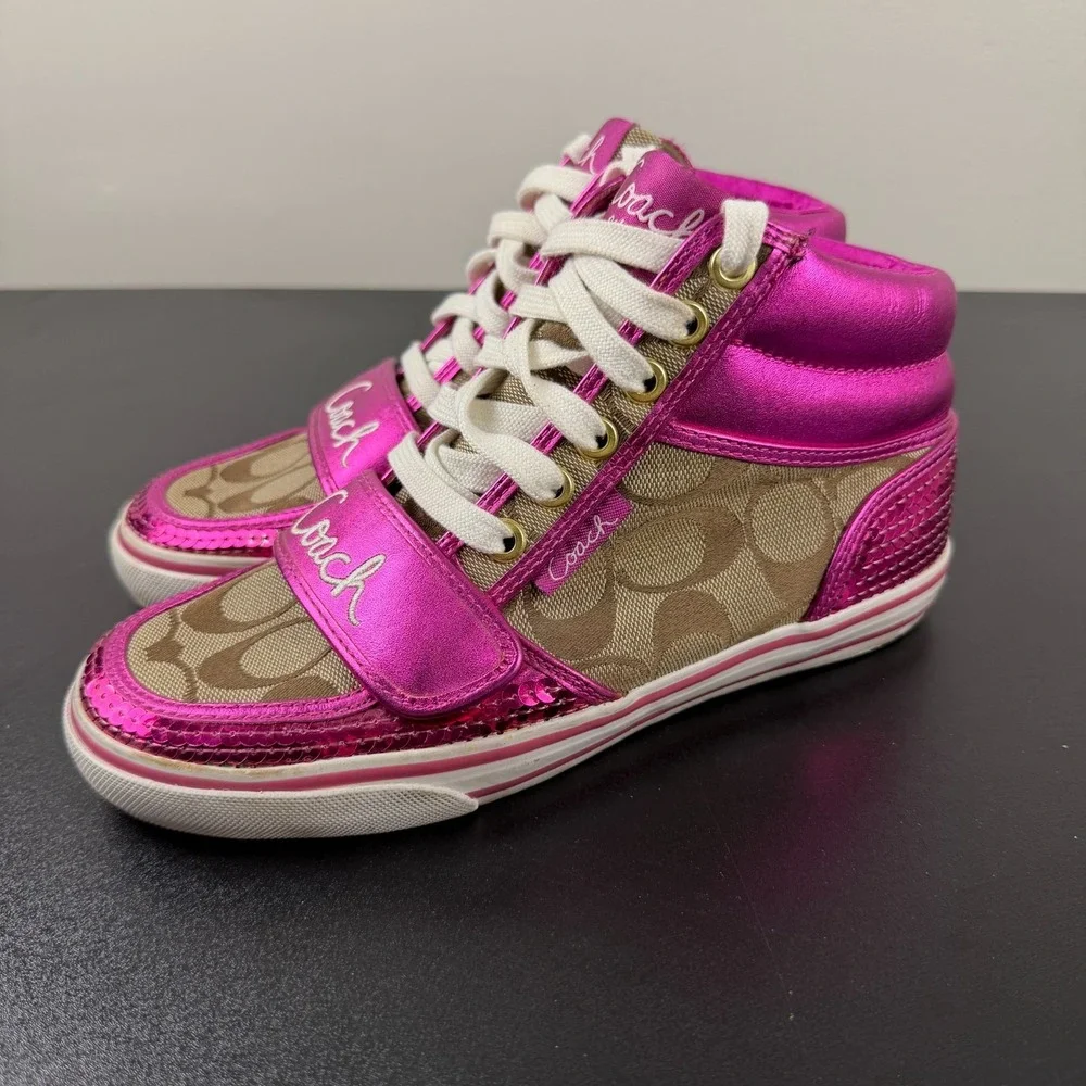 Vintage Coach Mistie Shoes Womens 6B Pink Monogram Canvas High Top Sneakers